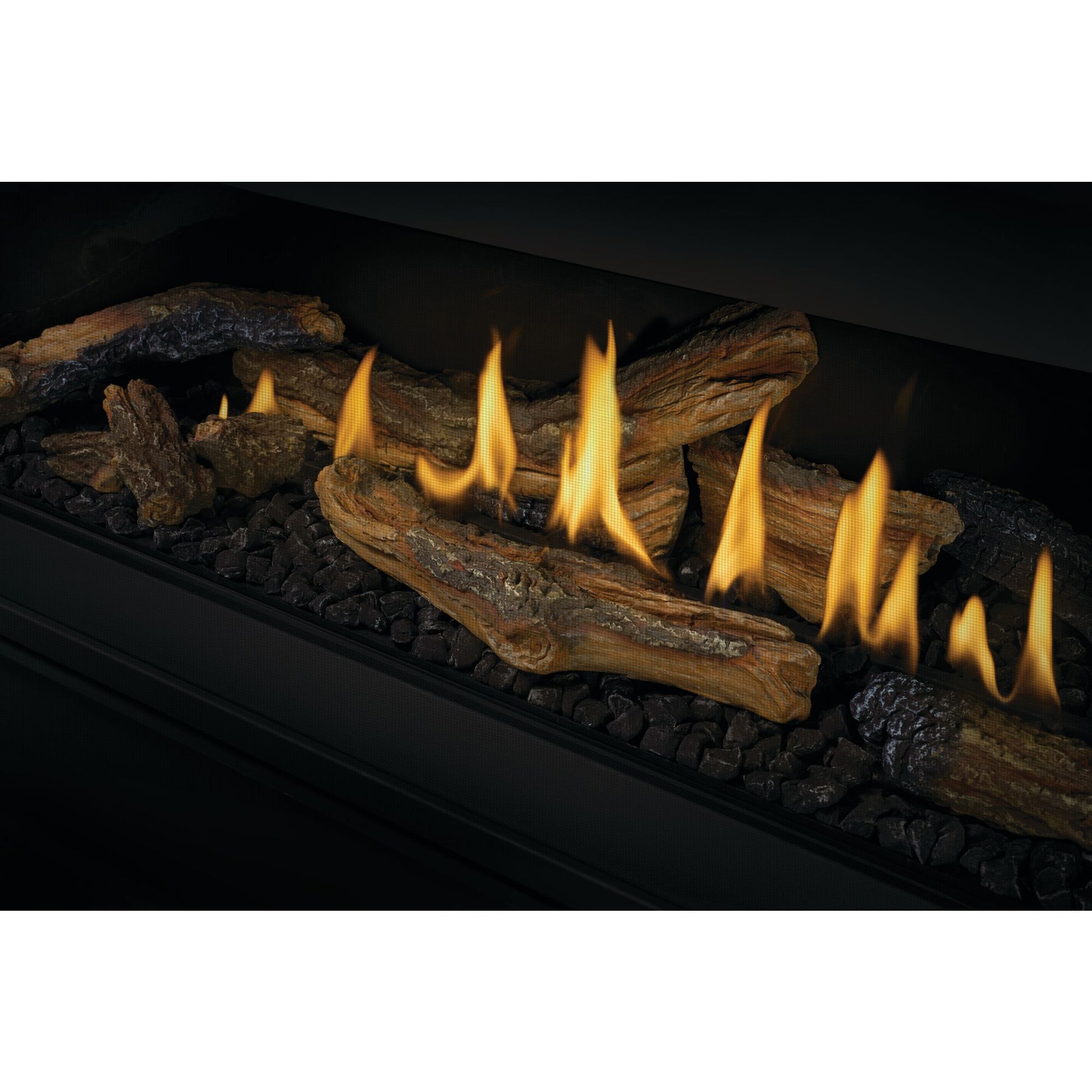 Fireplace with burning oak logs and flames for Ascent Linear Fireplace