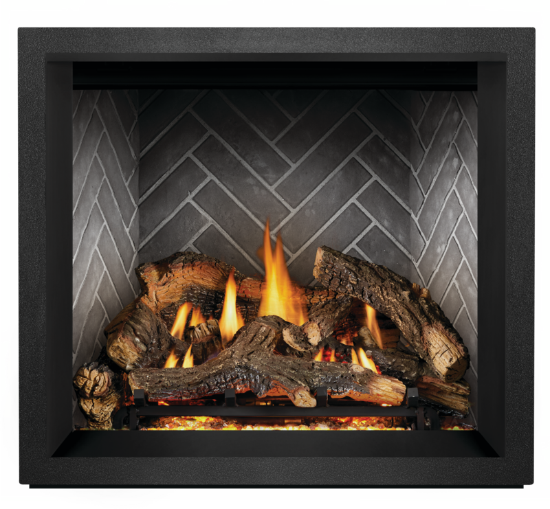 Elevation X Fireplace with Split Oak Logs and Westminster Herringbone Finishing Panels