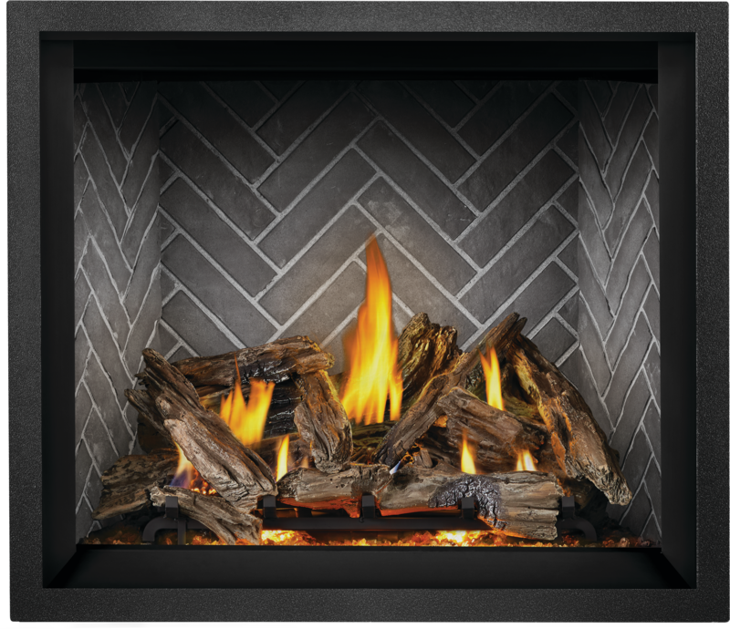 Elevation X Fireplace with Driftwood Logs and Westminster Herringbone Finishing Panels